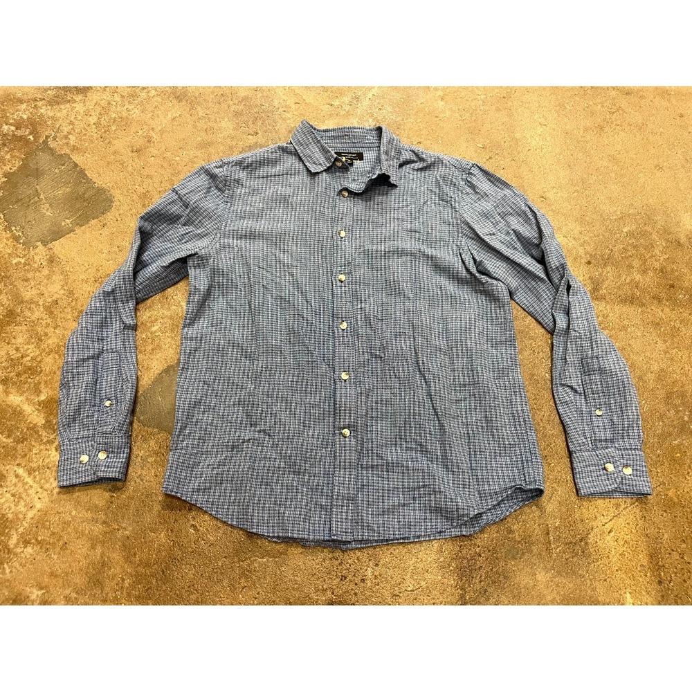 Banana Republic Linen Blend Slim Fit Shirt Mens Medium Blue Gingham Long Sleeve